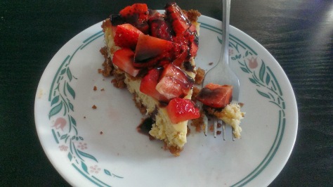 My homemade cheesecake topped with sliced strawberries