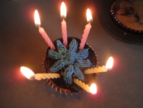 Jordan's flaming cupcake. I tried to do a snowflake from Frozen.