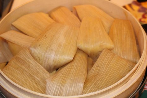tamales in bamboo steamer